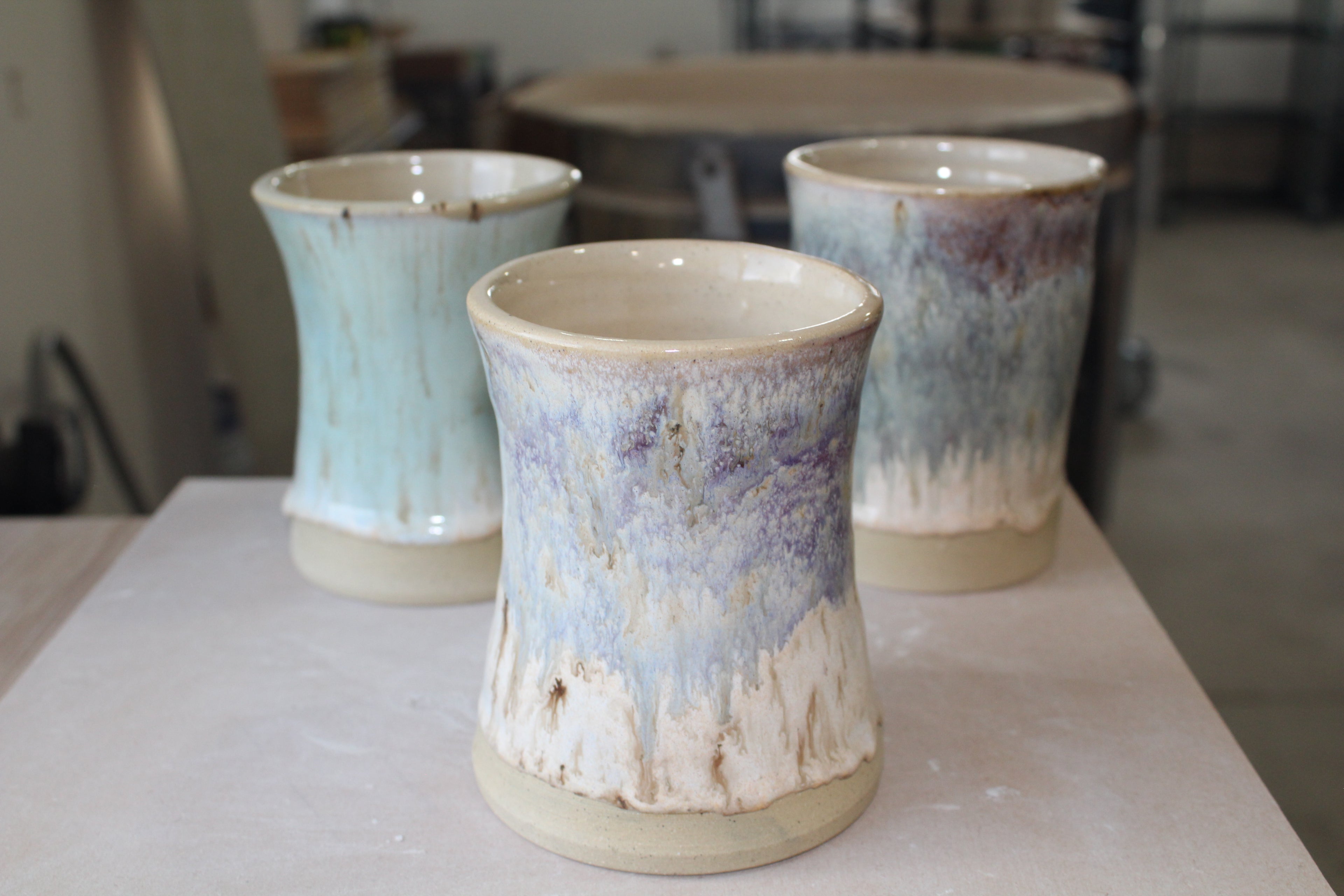 Handless Hourglass Mug – White & Purple Glaze | 12oz